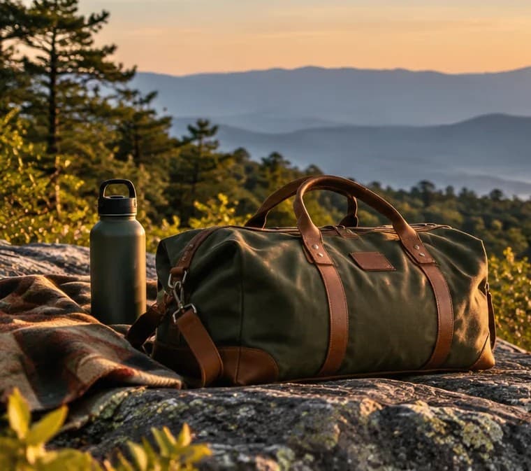 Canvas Weekender in forest green waxed canvas with leather handles on a granite overlook at sunrise