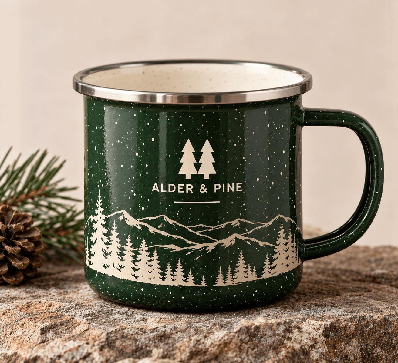 Davidson River Camp Mug in speckled forest green enamel with a ridgeline print, on a rock beside a pine cone
