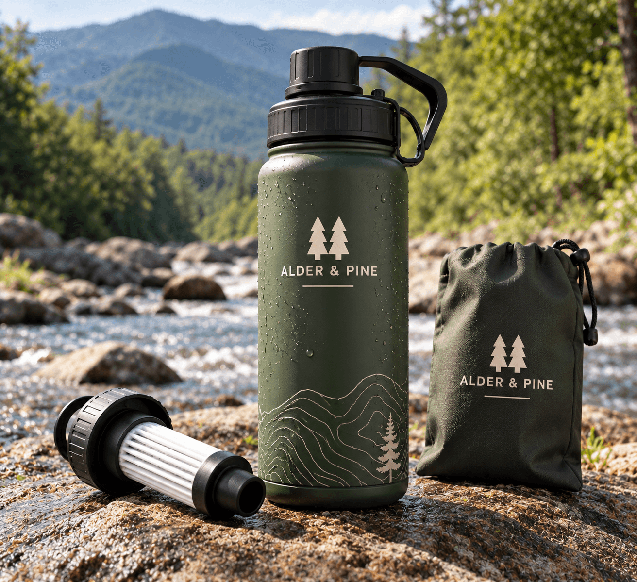 French Broad Water Filter set on a rock at a mountain river: forest green bottle, filter cartridge and storage pouch