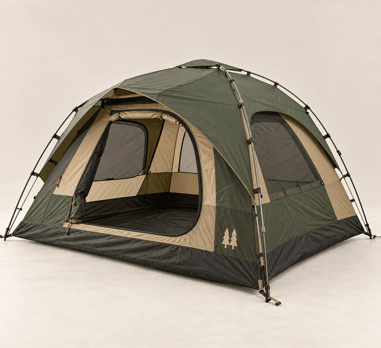 Gap Creek 4-Person Tent in forest green and sand, pitched with the doors open