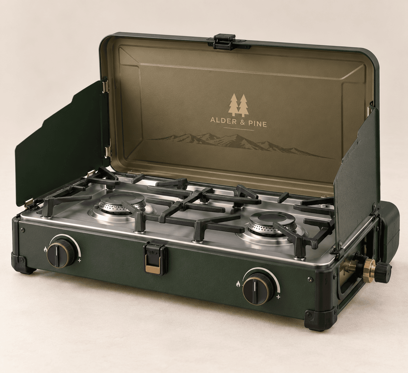 Hollis Two-Burner Camp Stove in forest green with the wind-screen lid open