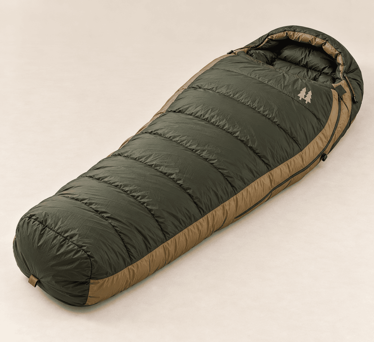 Hollow Fork 20° mummy sleeping bag in olive with a tan hood and base