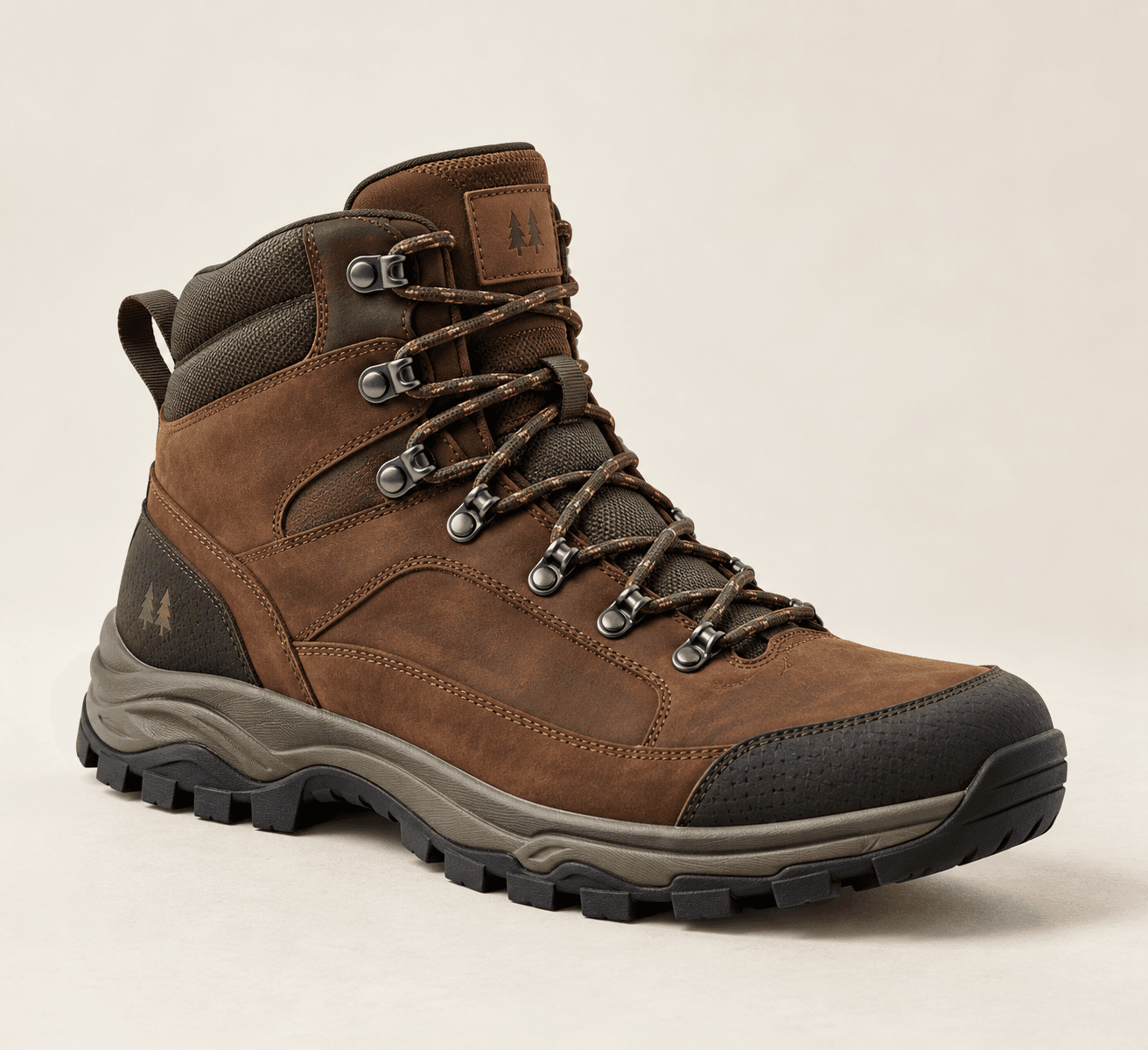 Laurel Ridge Mid Hiking Boot in brown leather and olive, three-quarter view showing the lugged outsole and reinforced toe