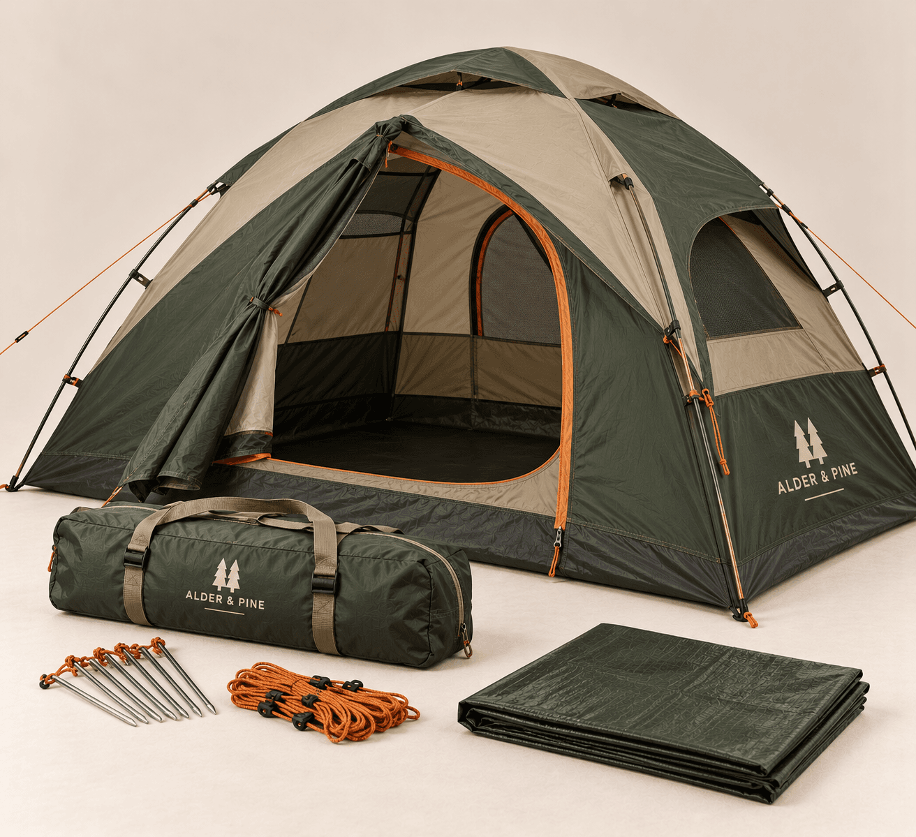 Pisgah 2-Person Backpacking Tent pitched in forest green with its stuff sack, stakes, guylines and footprint