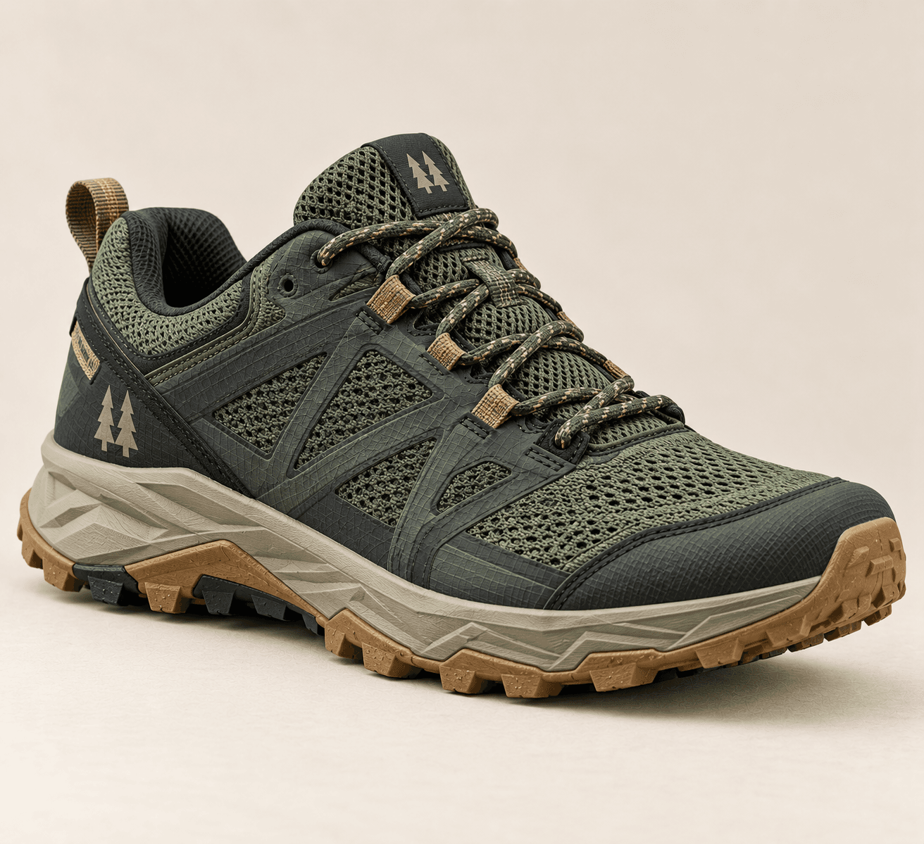 Pair of Tallow Run trail running shoes in olive and charcoal with an aggressive lugged outsole