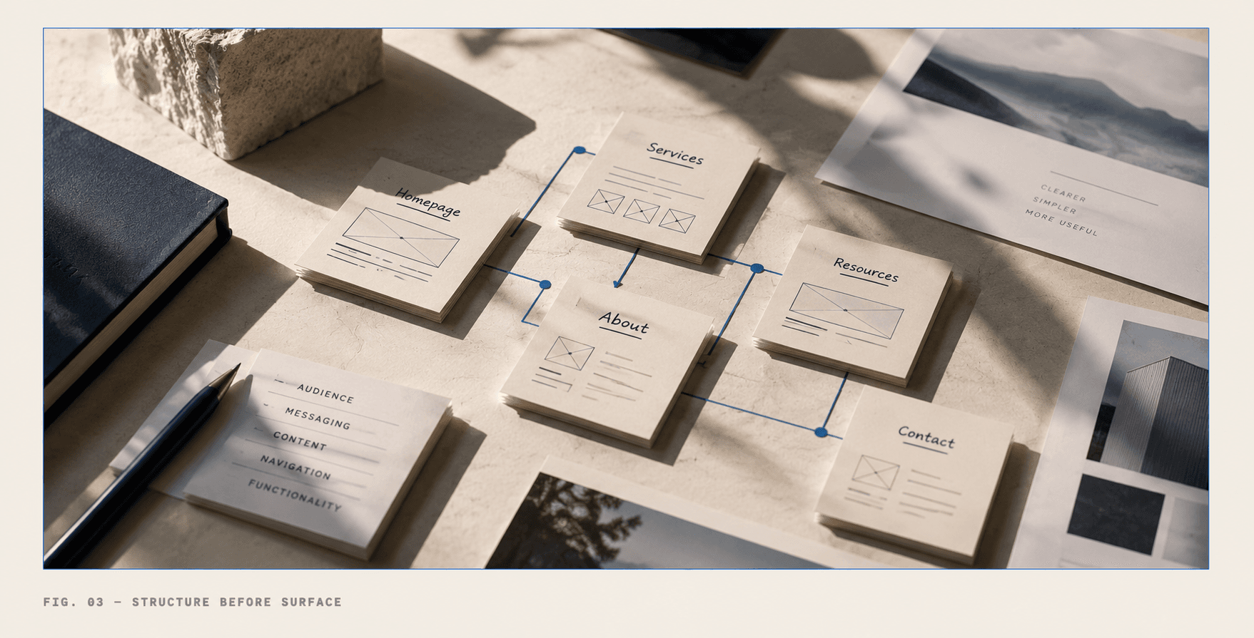 Editorial website sitemap showing homepage, services, resources, about, and contact pages connected through an information architecture.