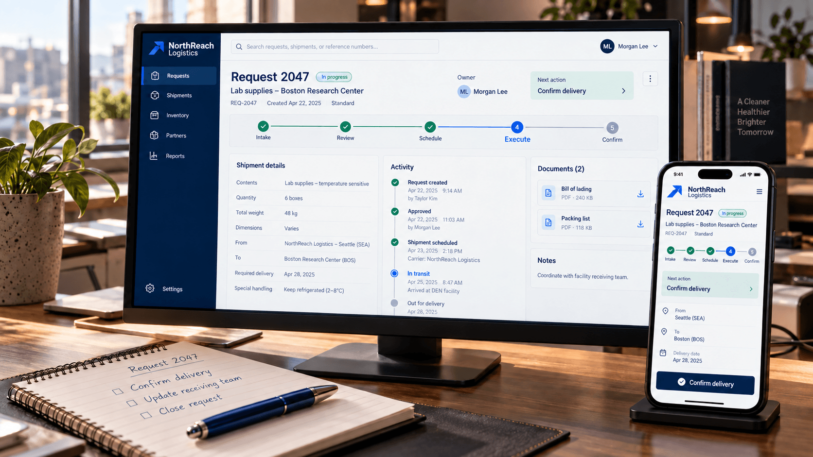 Avenier Lab concept: a request-tracking screen on a desktop monitor and a phone, showing a lab-supplies shipment moving through Intake, Review, Schedule, Execute, and Confirm, with its owner, next action, activity, and documents.