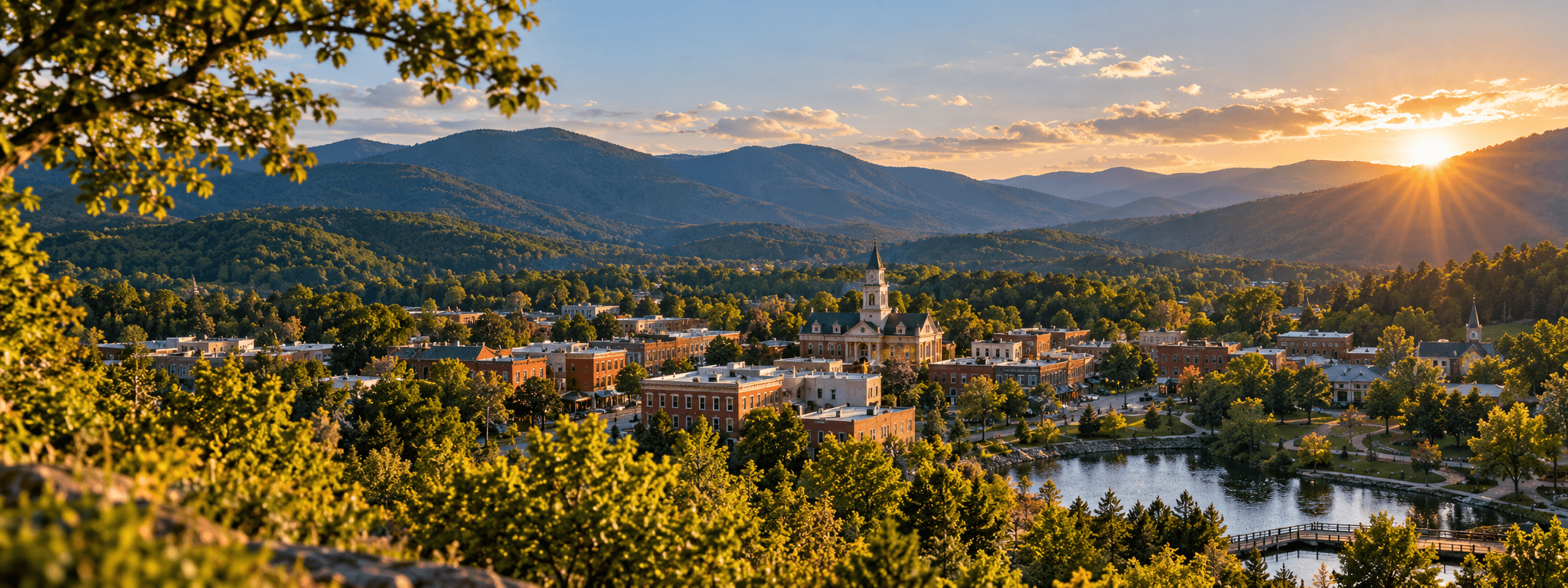Fictional City of Briarfield, a Blue Ridge mountain town with a civic tower and mill pond at dusk, used for an independent Avenier Lab municipal concept study.