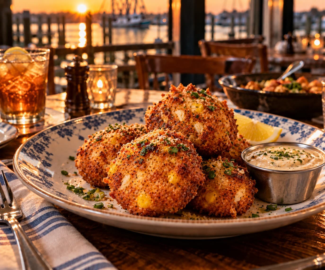 Golden crab and corn beignets with a lemon wedge and a small dish of remoulade on a blue-and-white plate, the marina glowing at sunset behind.