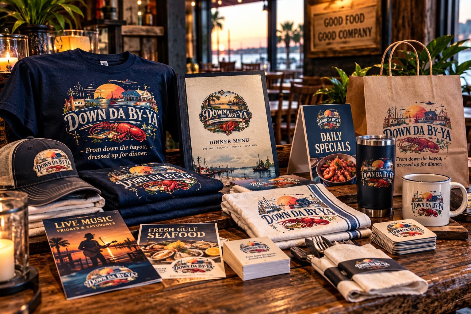 Down Da By-Ya’s printed and produced pieces on a restaurant table at sunset: navy T-shirts and a trucker cap, a dinner menu, a daily-specials table tent, a takeout bag, a tumbler, a mug, striped towels, coasters, napkins and live-music and seafood flyers, with the marina glowing behind.