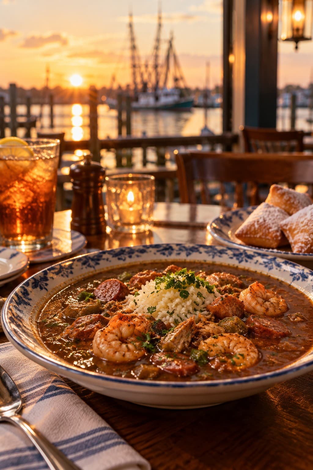 A bowl of dark-roux gumbo with Gulf shrimp, andouille and rice in blue-and-white ceramic on a waterfront table, with powdered-sugar beignets, a candle and a shrimp boat at sunset beyond.