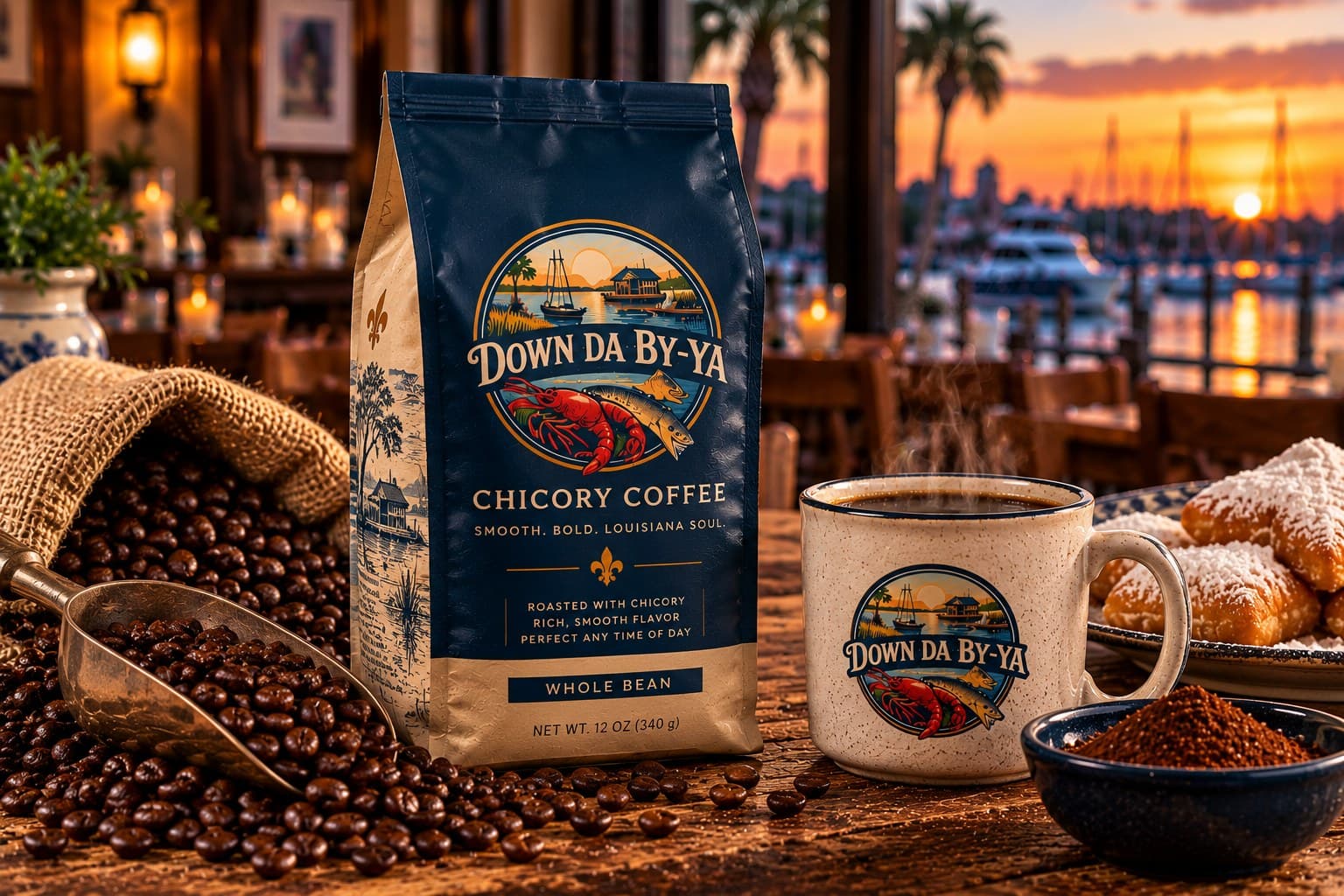 A 12 oz bag of Down Da By-Ya Chicory Coffee next to a mug and scattered beans.