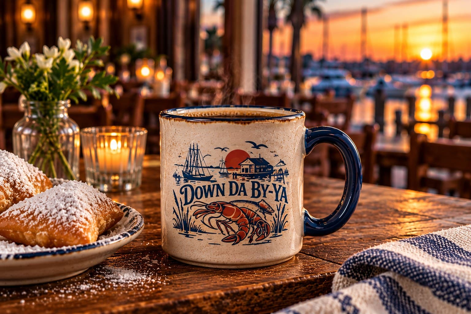 A navy Down Da By-Ya mug of coffee beside a plate of beignets.