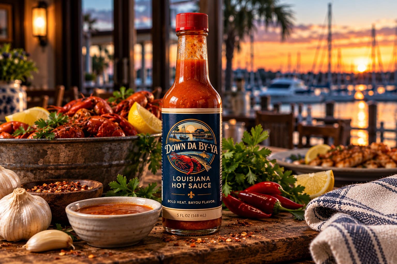 A bottle of Down Da By-Ya Louisiana Hot Sauce on a table set for supper.
