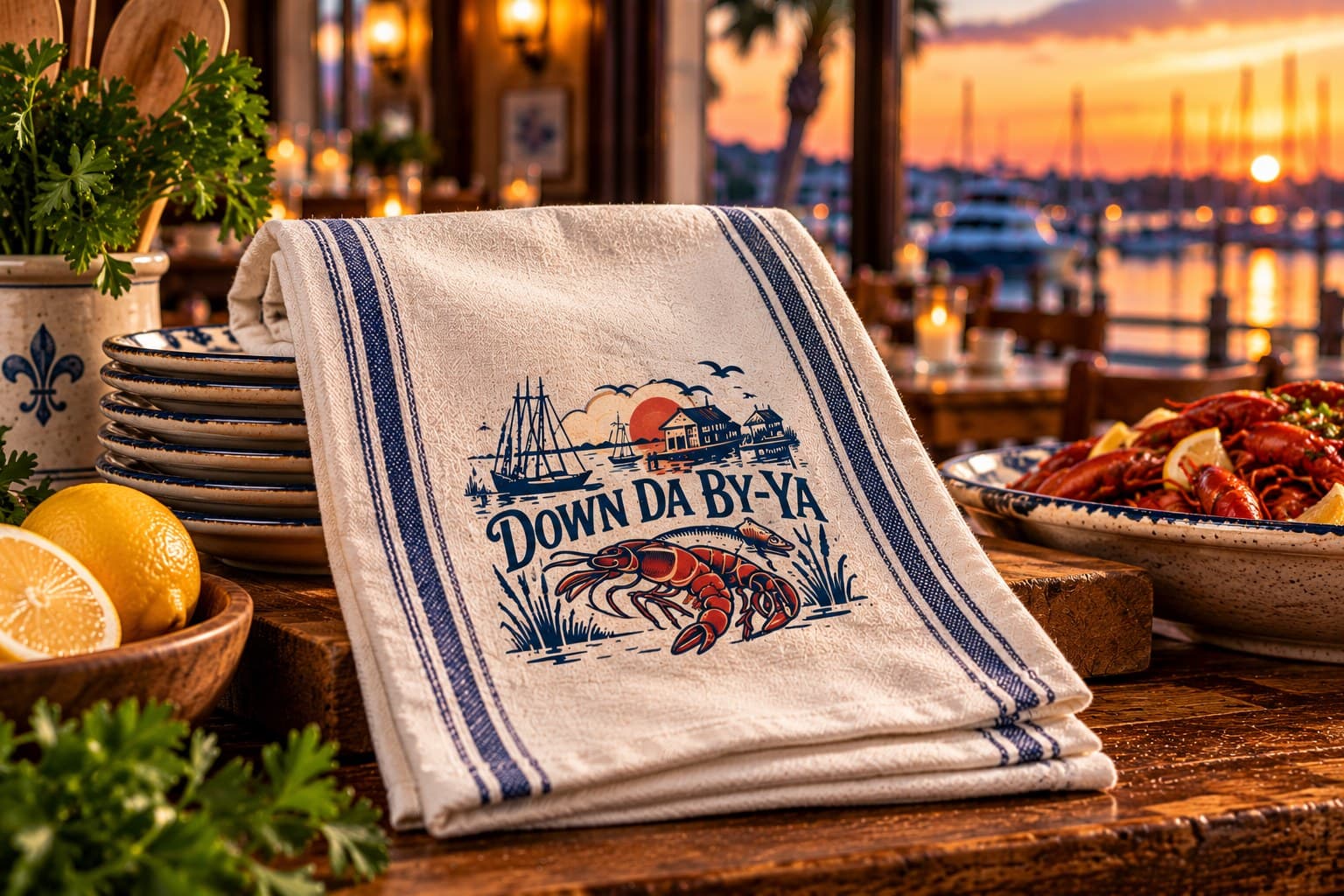 A white and blue-striped tea towel with the Down Da By-Ya crest folded on a seafood-laden table.