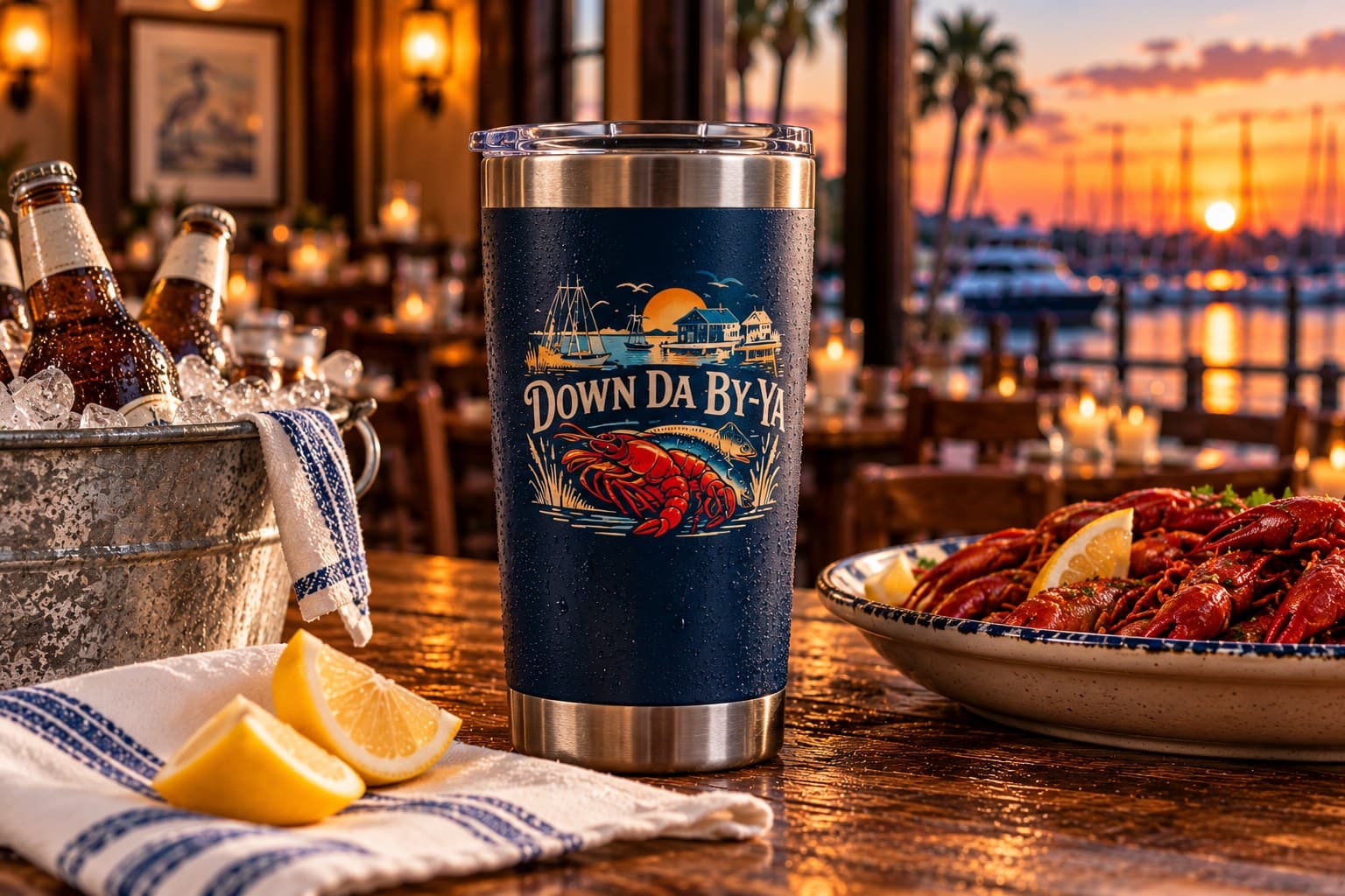 A navy Down Da By-Ya tumbler on a boil-night table beside a bucket of beer and a bowl of crawfish.