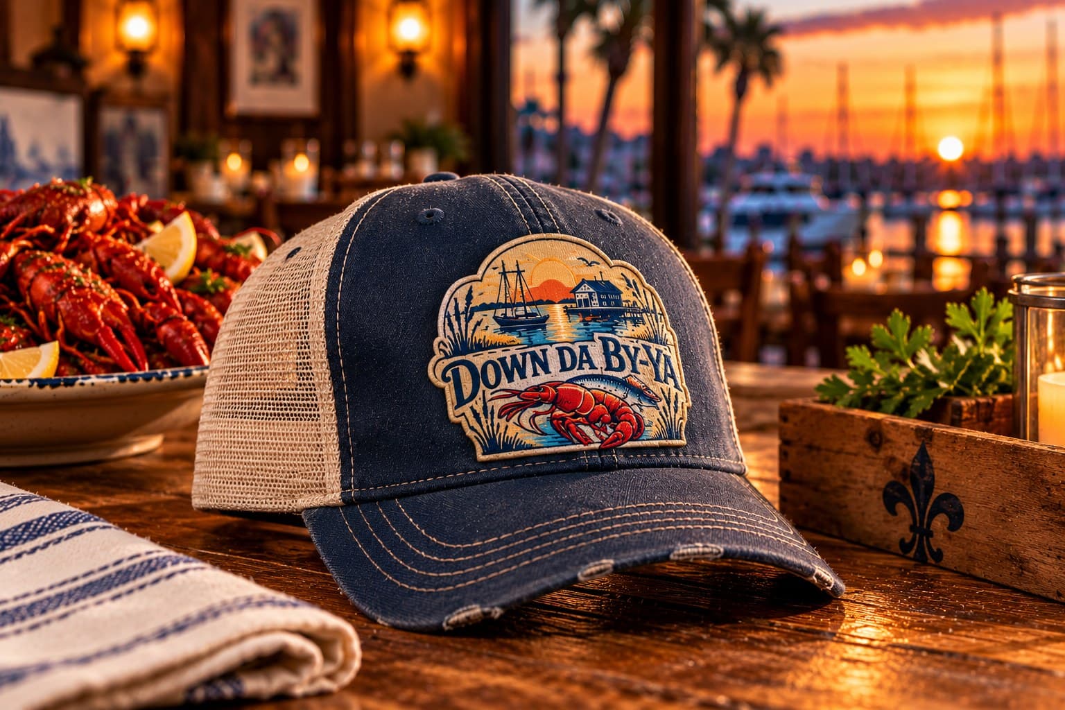 A Down Da By-Ya trucker cap resting on a waterfront table in front of a bowl of boiled crawfish.