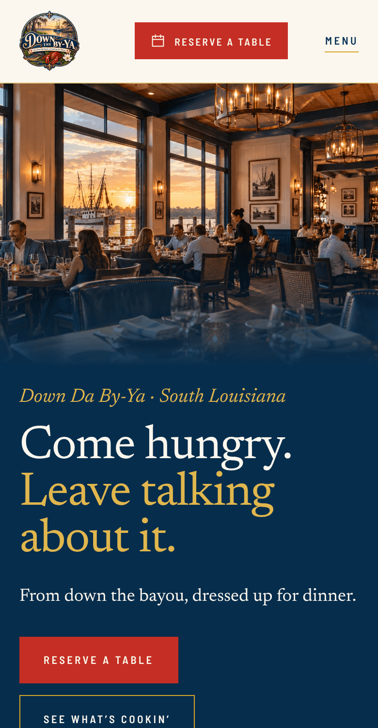 The Down Da By-Ya website on a phone: the wordmark, a Menu button and the first section, with Reserve a table in the header.