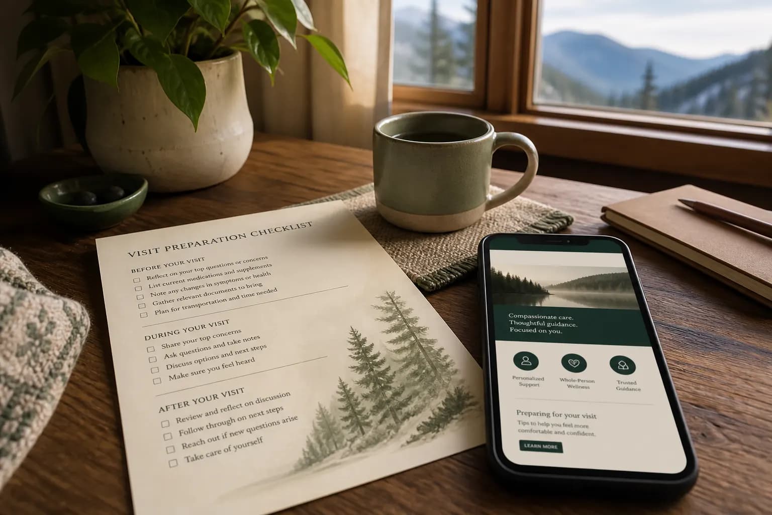 A kitchen table with a printed visit-preparation checklist and a phone showing a calm care website