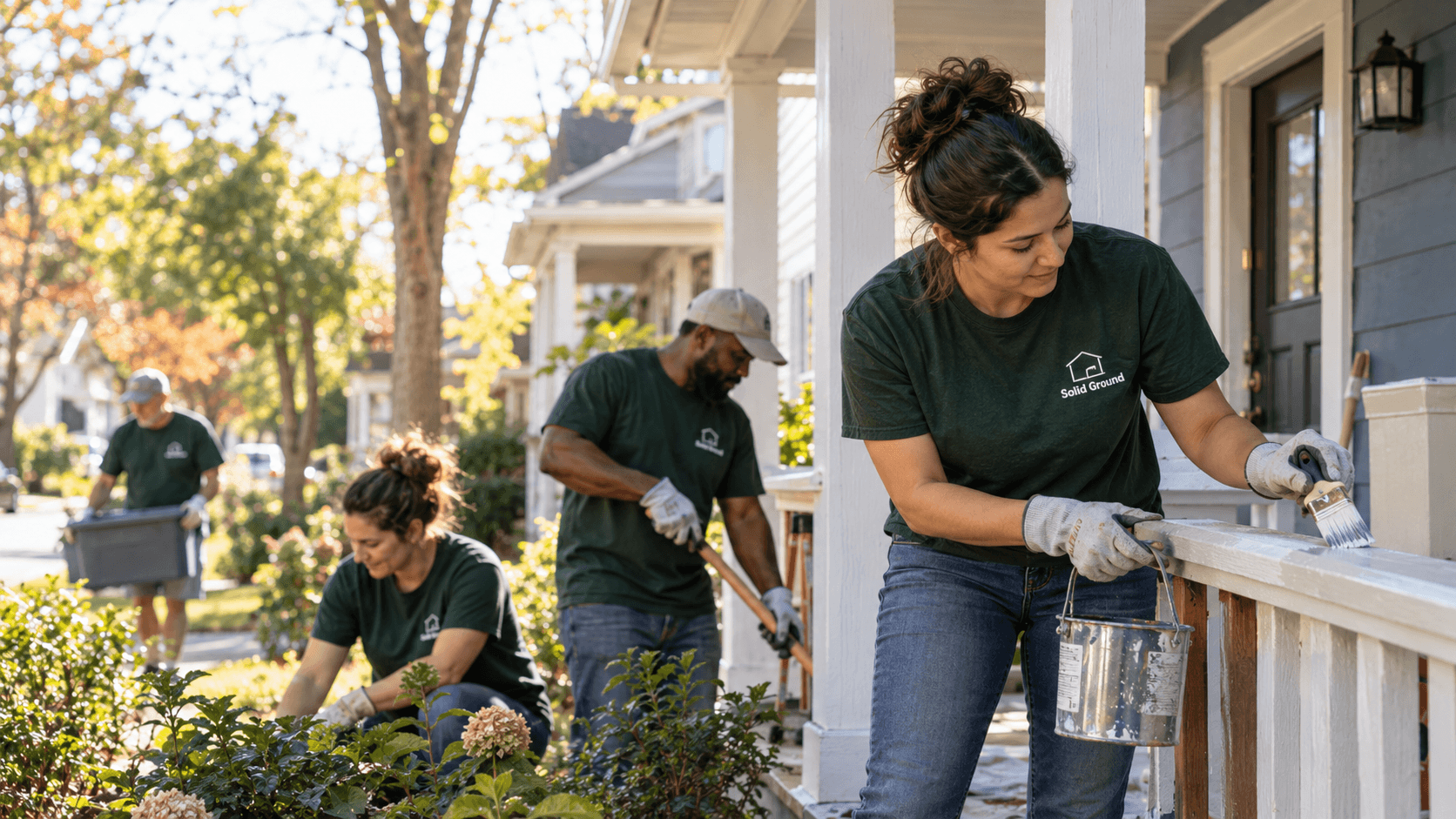 Volunteers helping with home maintenance on a residential street
