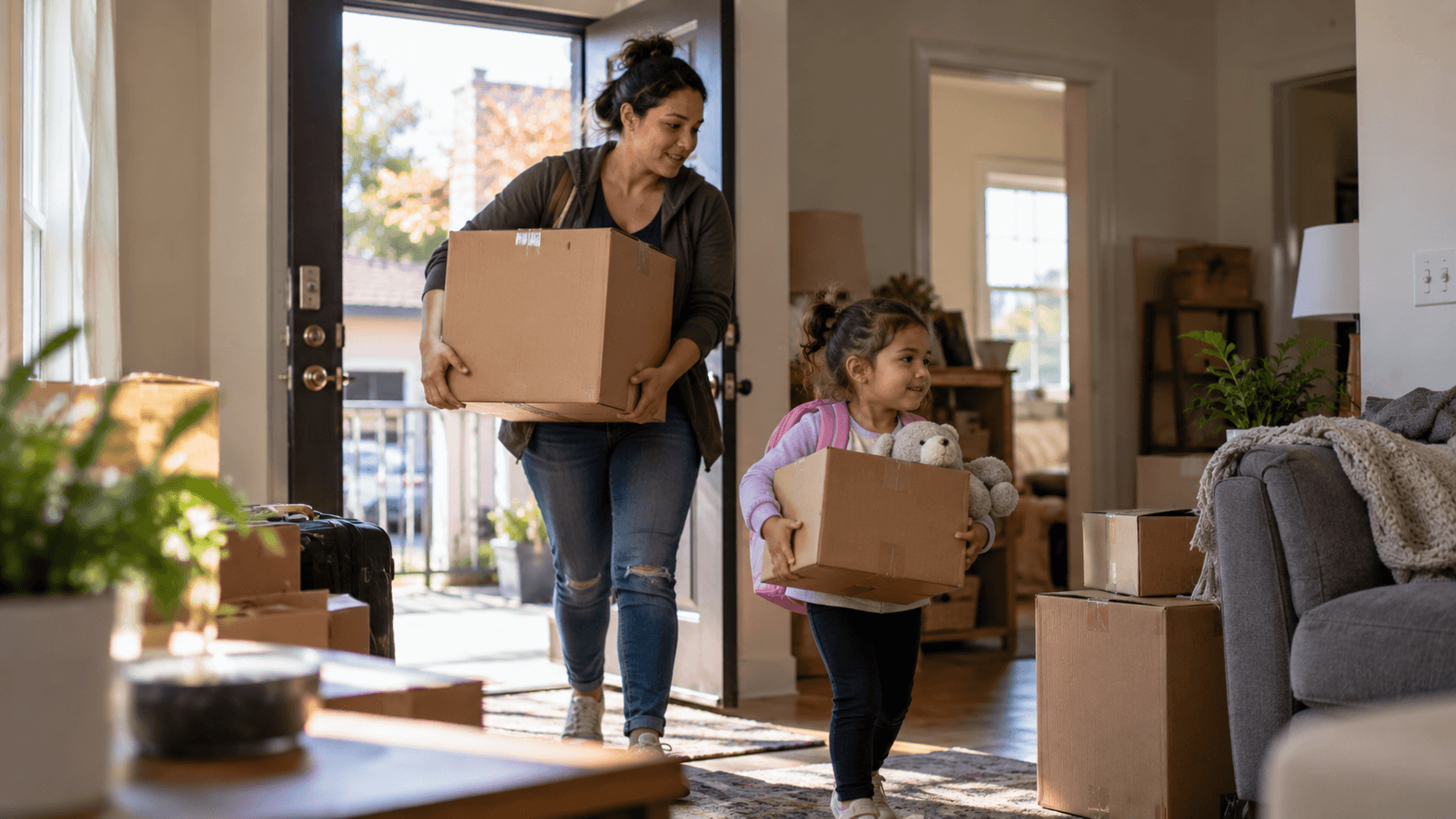 A mother and daughter carrying moving boxes into their new home, smiling