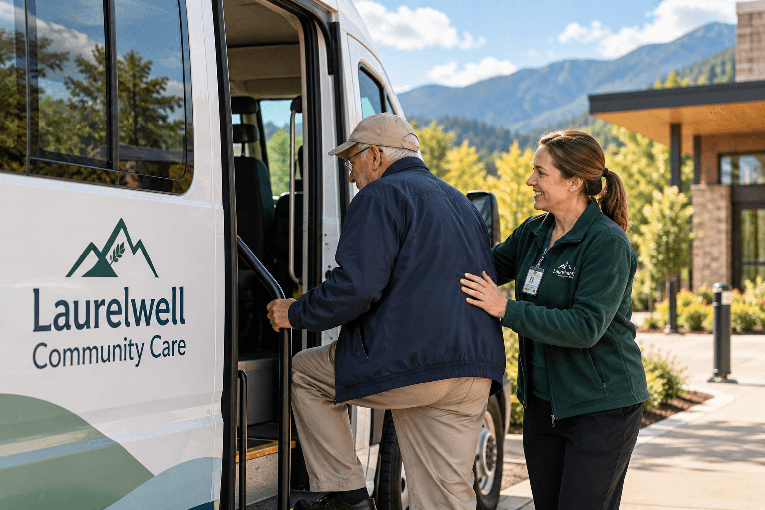 Older man boarding a Laurelwell Community Care van with help from a staff member