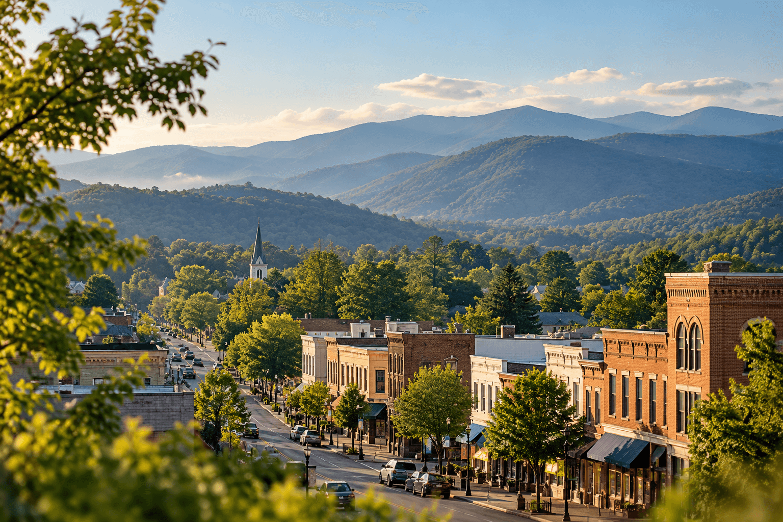 A small mountain town with a main street and church steeple below tree-covered ridges