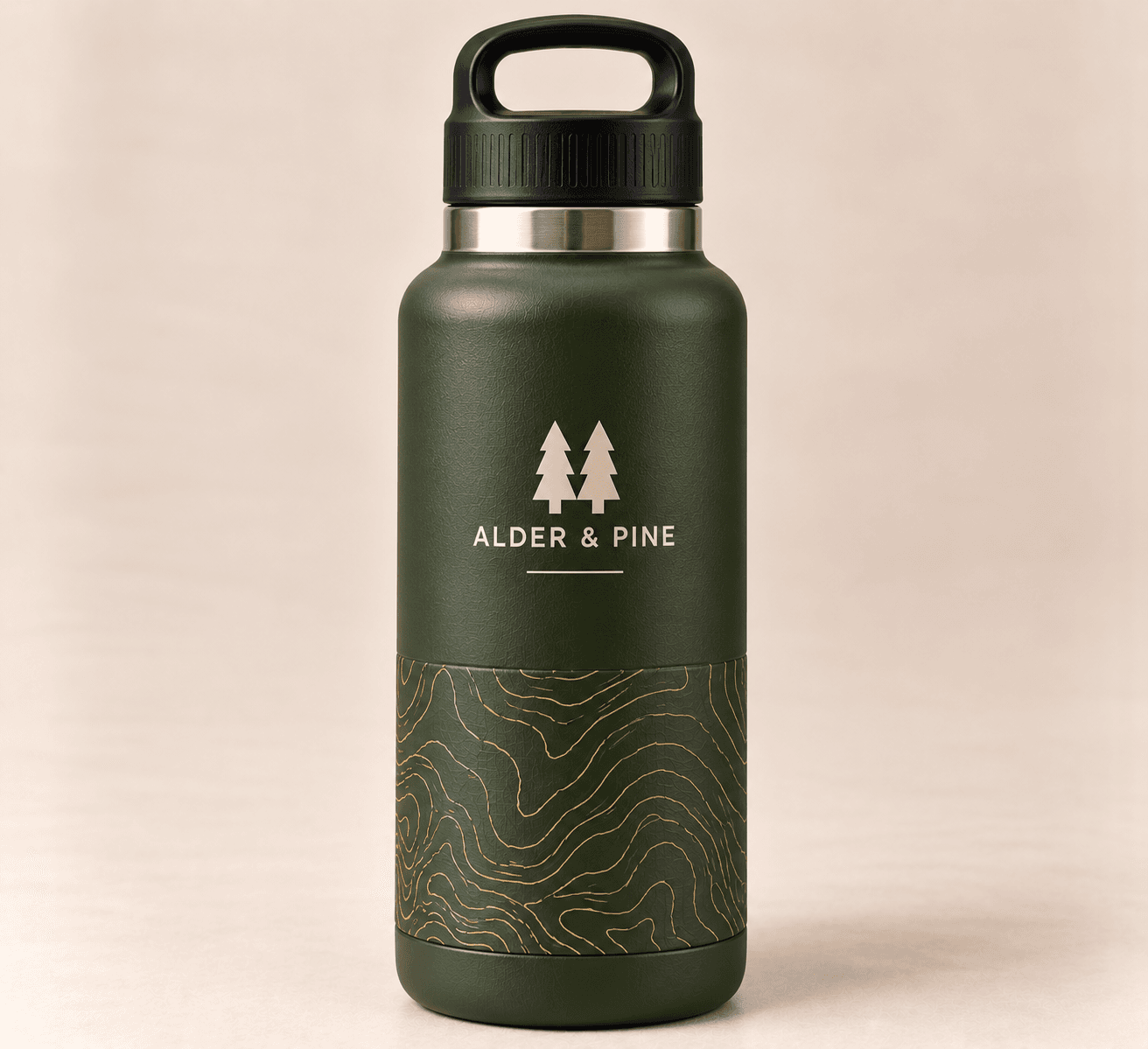 Cedar Gap Insulated Bottle in forest green with a black carry-loop lid and a topographic print