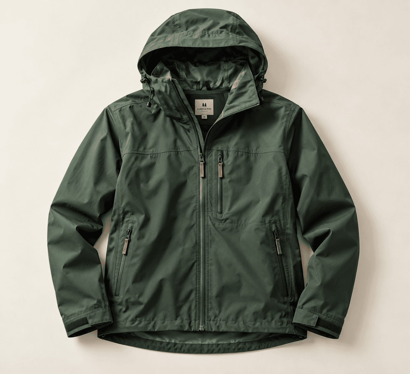Cove Creek Rain Shell in forest green, front view with the hood up and zippered hand pockets