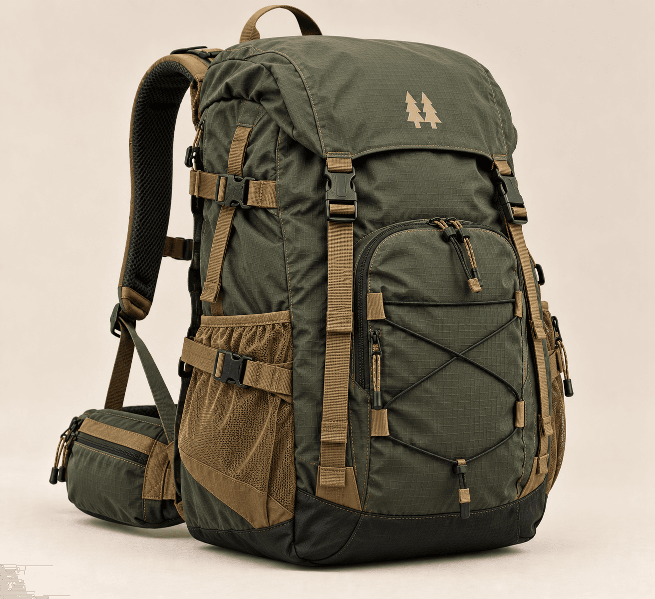Ridge Hauler 32L Pack in olive and tan with exterior compression straps and a front organization pocket