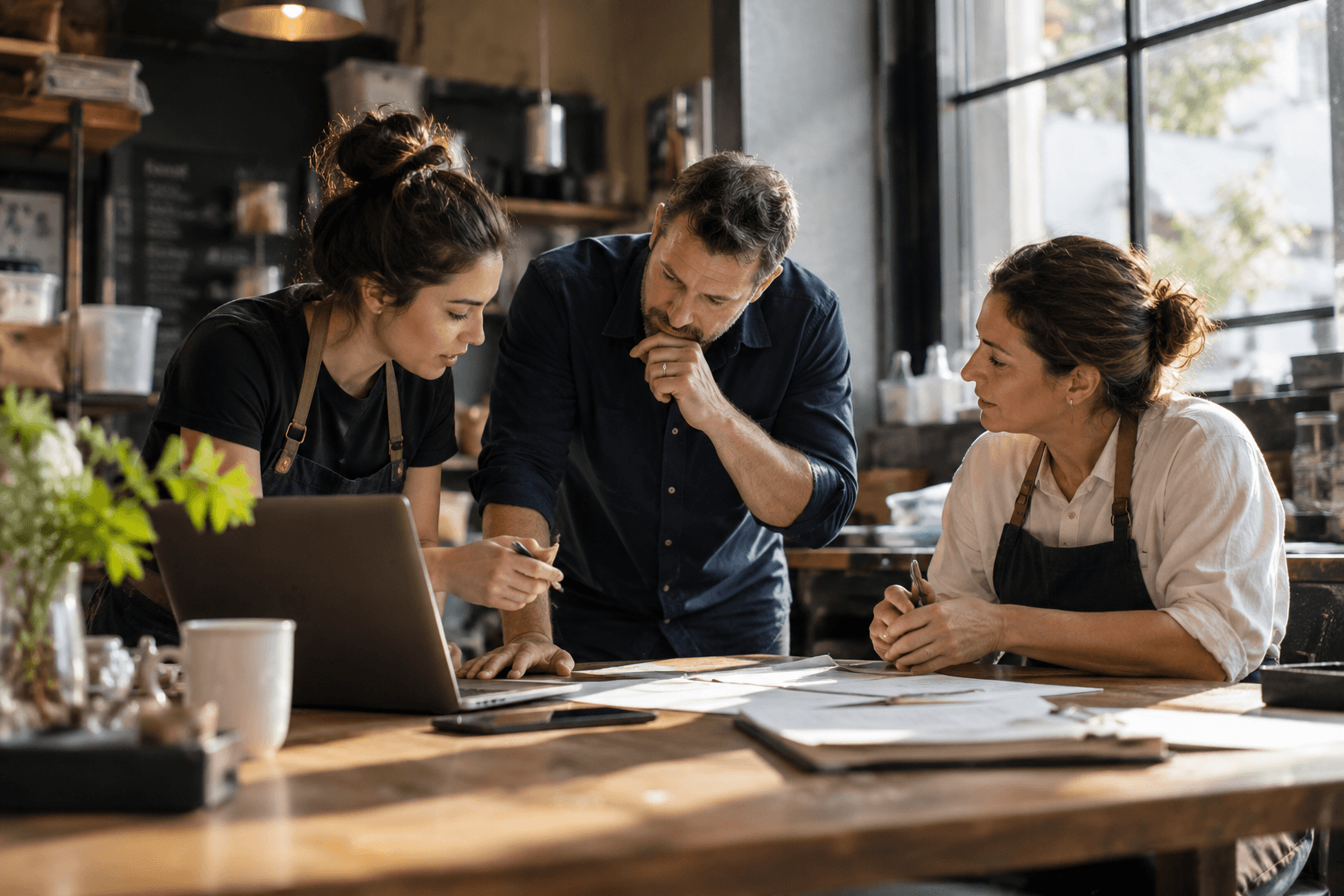 Three people gather around a café table, one leaning over an open laptop as they talk through a problem together.