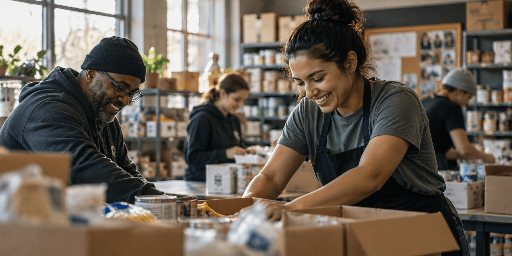 Volunteers organizing donated food and supplies together in a community pantry.