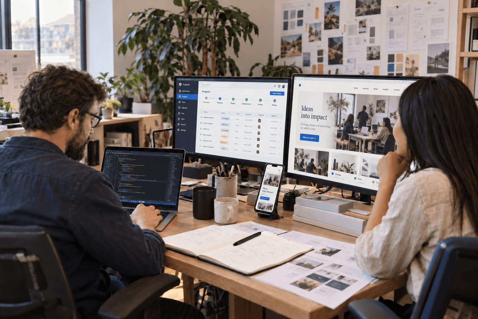 A developer and designer reviewing a website, mobile experience, and connected project-management application.