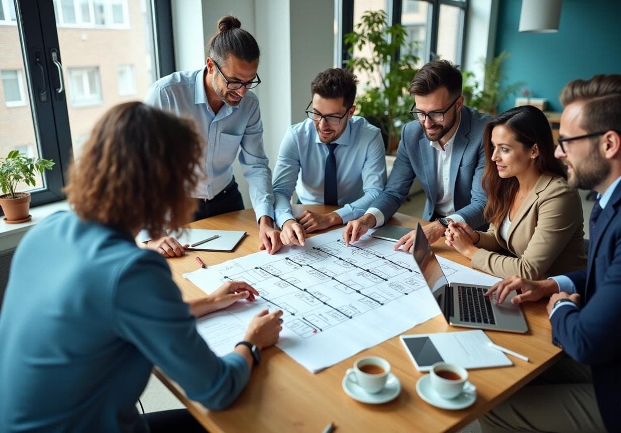 Five colleagues around a meeting table, working through printed plans and a laptop together.