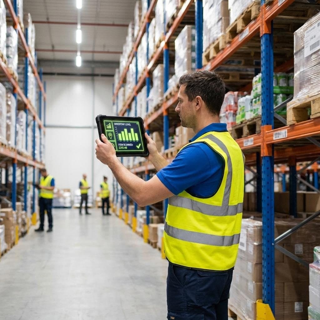 A worker in a hi-vis vest holding up a tablet that shows a dashboard, in a long warehouse aisle with racking.