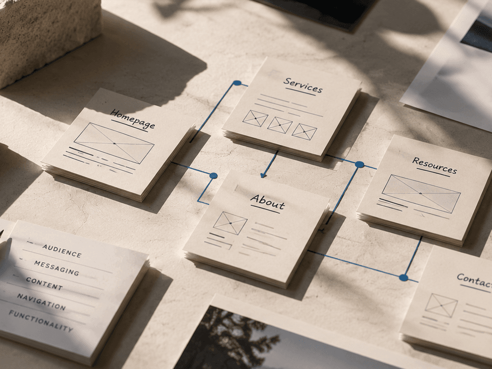Paper cards labelled Services, About, Resources and Contact joined by blue lines to form a website sitemap on a stone worktop.