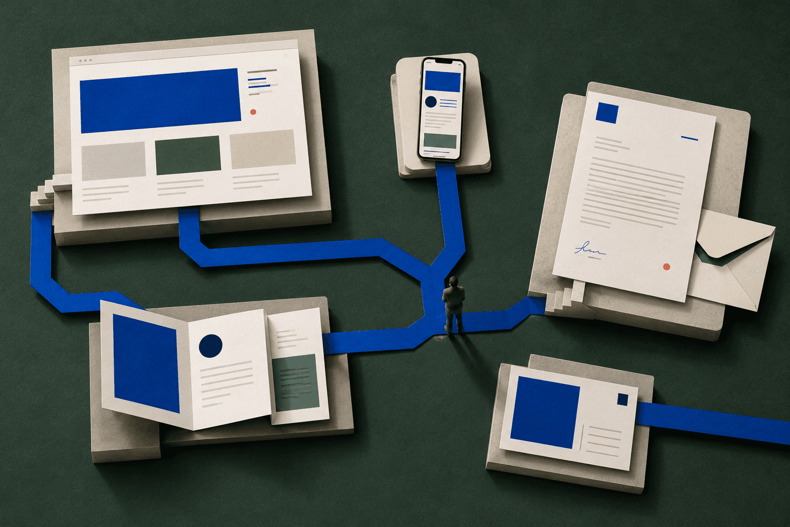 A website, a phone screen, a letter and a printed brochure linked by one continuous blue ribbon on a deep-green ground.