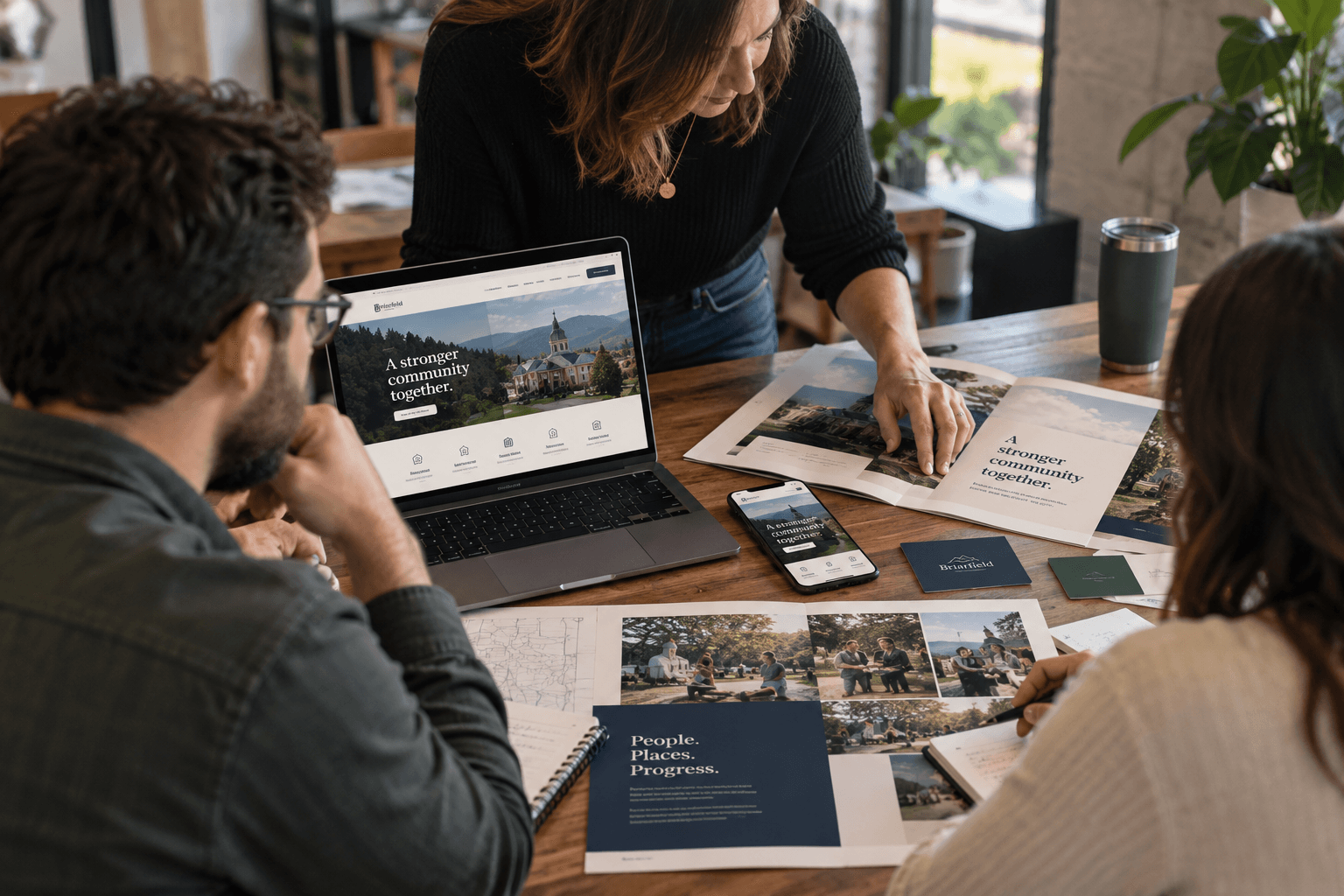 Team reviewing connected digital and printed communications around a collaborative worktable.