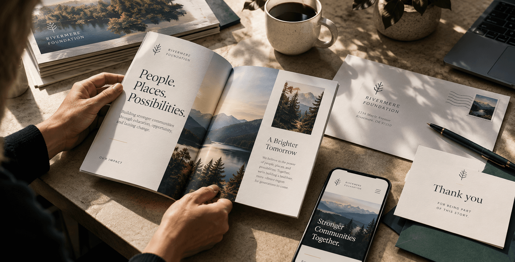 Person reviewing a printed Rivermere Foundation publication at a workspace surrounded by an envelope, thank-you card, smartphone, laptop, and other communications.