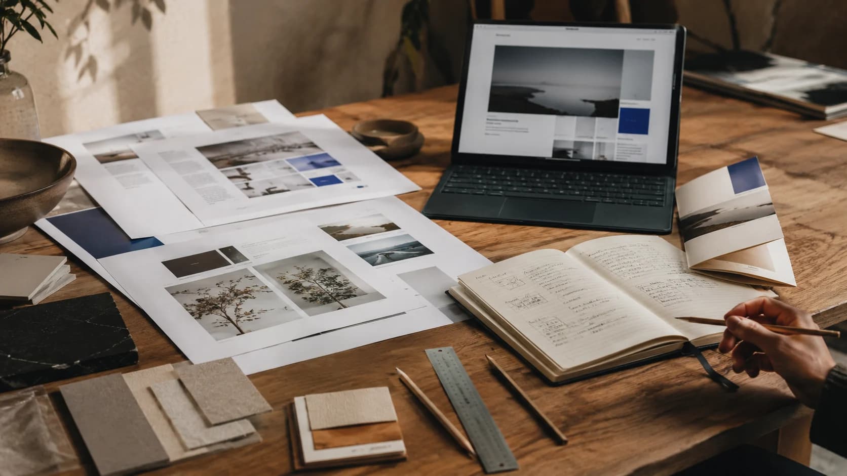 A notebook of hand-drawn workflow notes, printed planning materials, and a laptop on a shared working table.