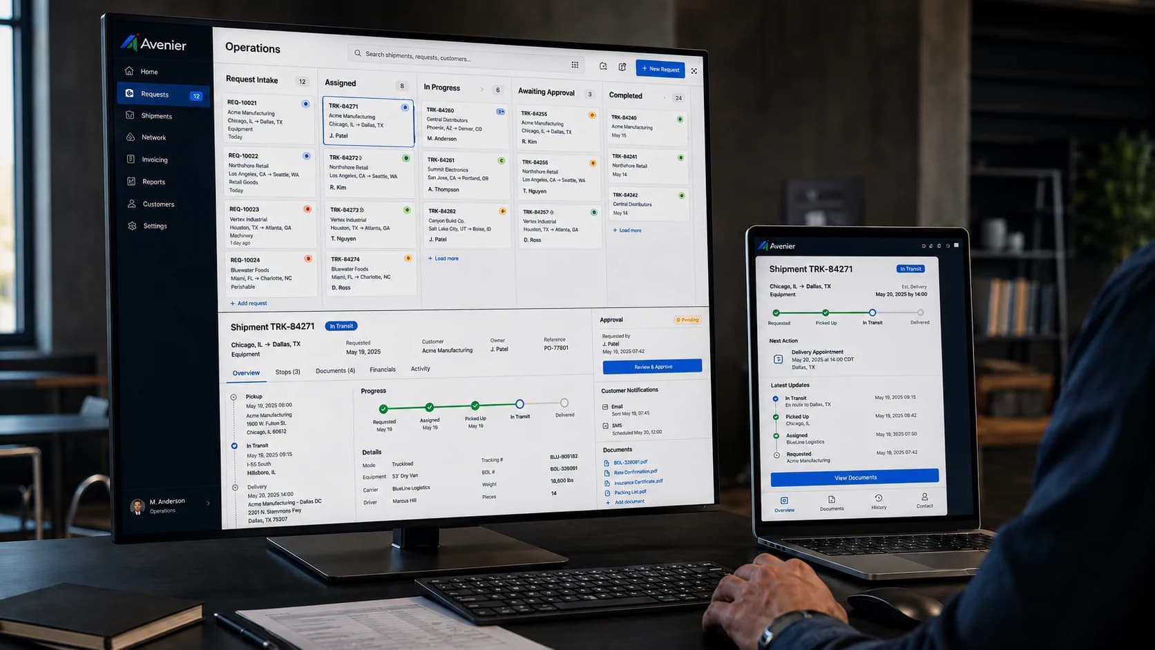 Logistics operations platform showing a request board and shipment detail on a desktop monitor, with the mobile shipment view on a laptop