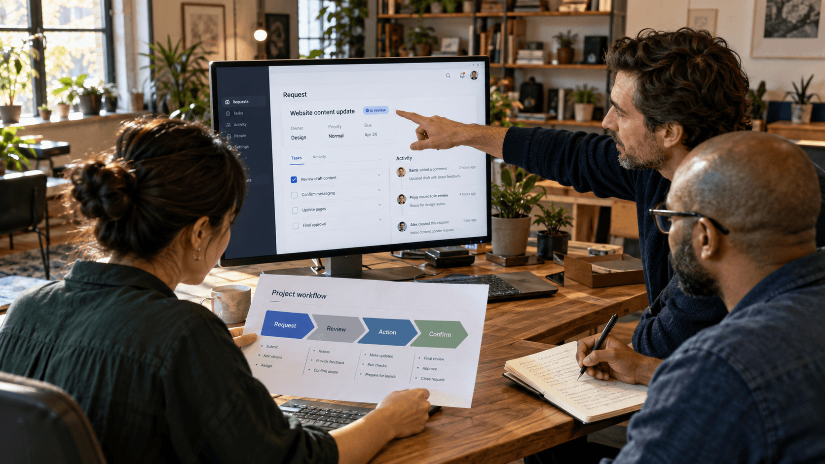 Three teammates gathered at a desk reviewing a request-tracking screen beside a printed project workflow that runs Request, Review, Action, Confirm.