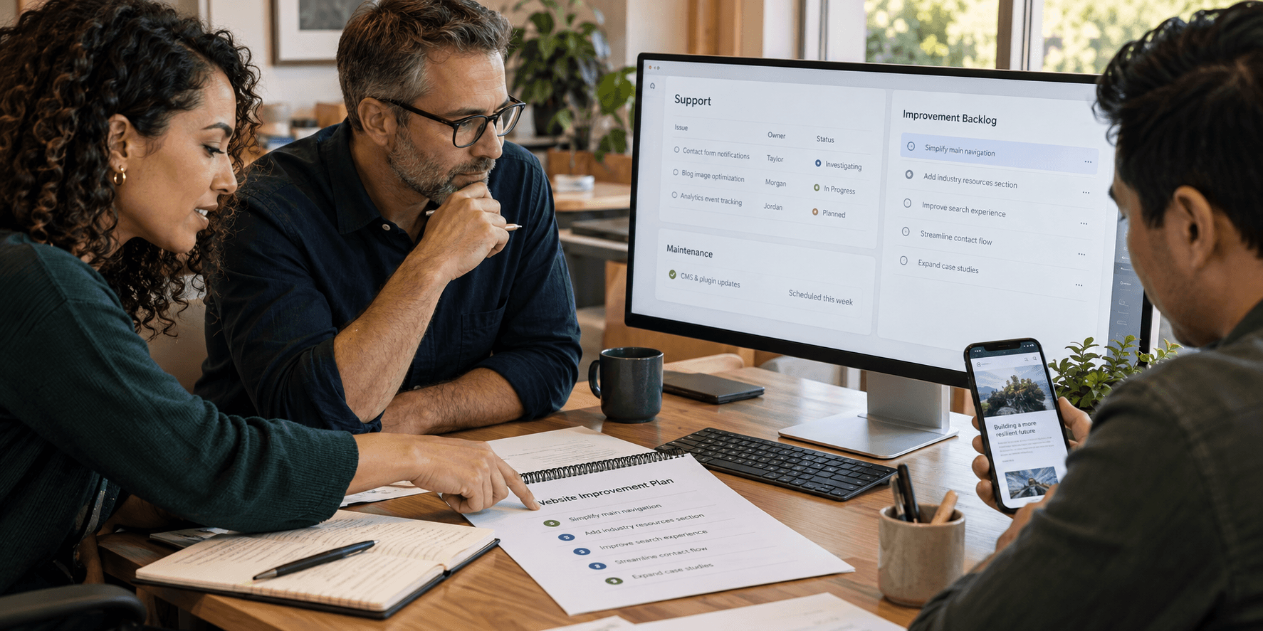 Three professionals reviewing a website support plan and improvement backlog together.