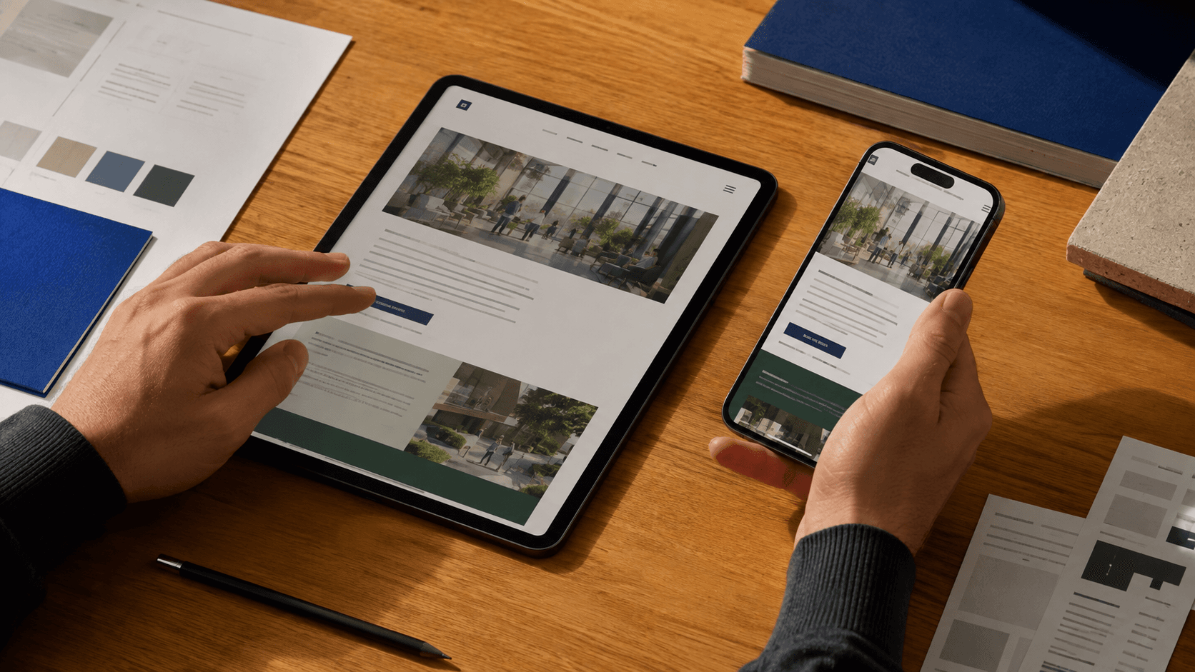 A tablet and phone showing a website interface being reviewed beside color and material samples.