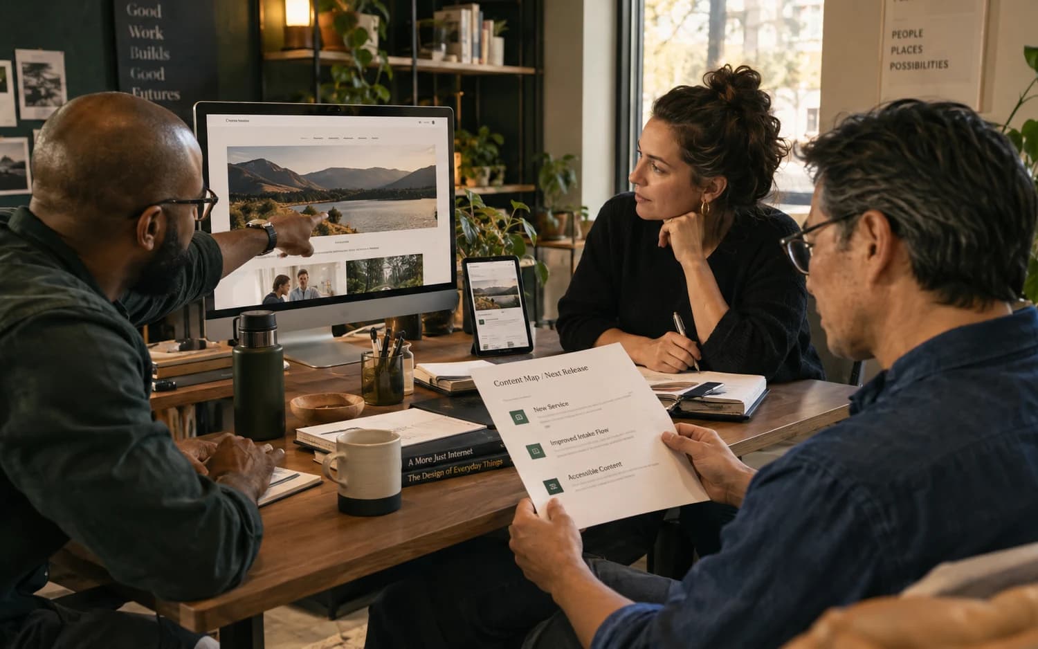 Three teammates reviewing a client website on a desktop monitor and tablet, with a printed content map for the next release on the table.