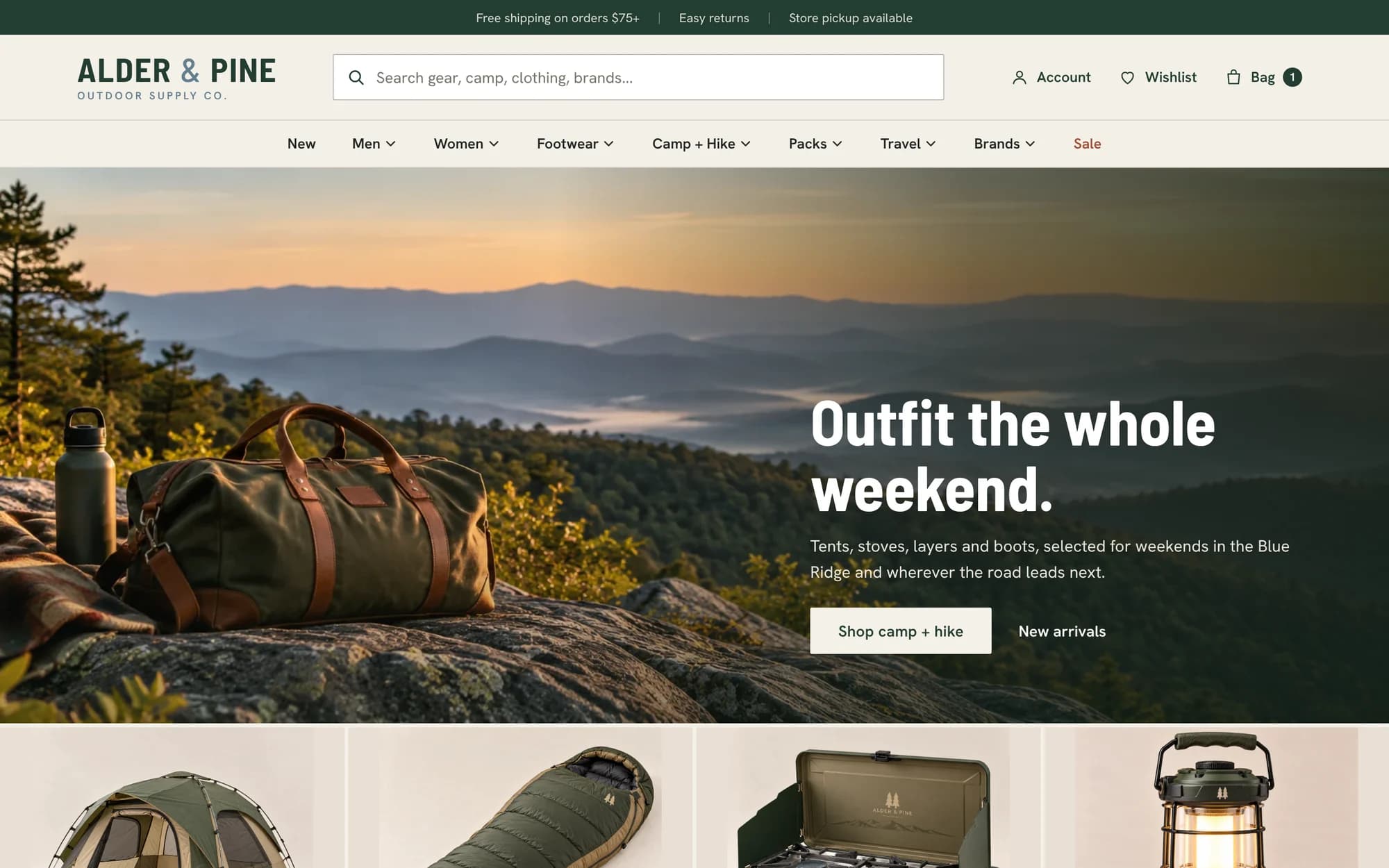 Alder & Pine’s online storefront homepage.