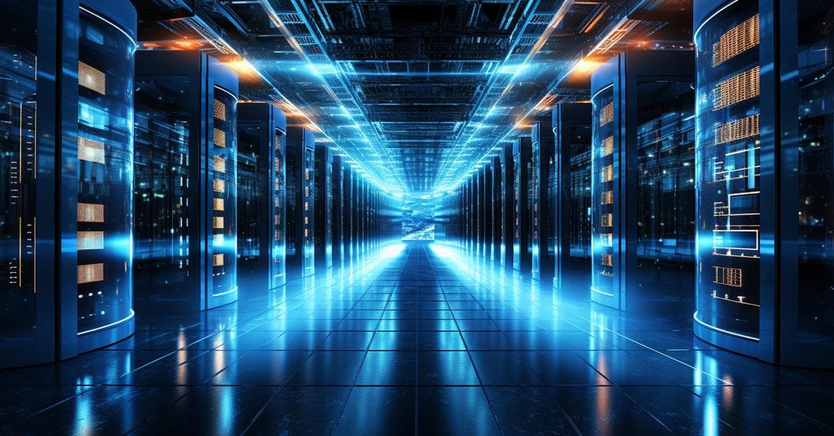 A long, illuminated enterprise technology corridor with deep architectural perspective and royal-blue light