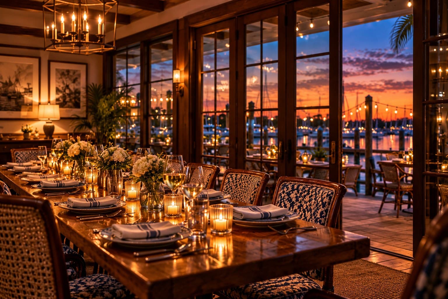 Private dining room at Down Da By-Ya with doors opening toward the waterfront patio and marina.
