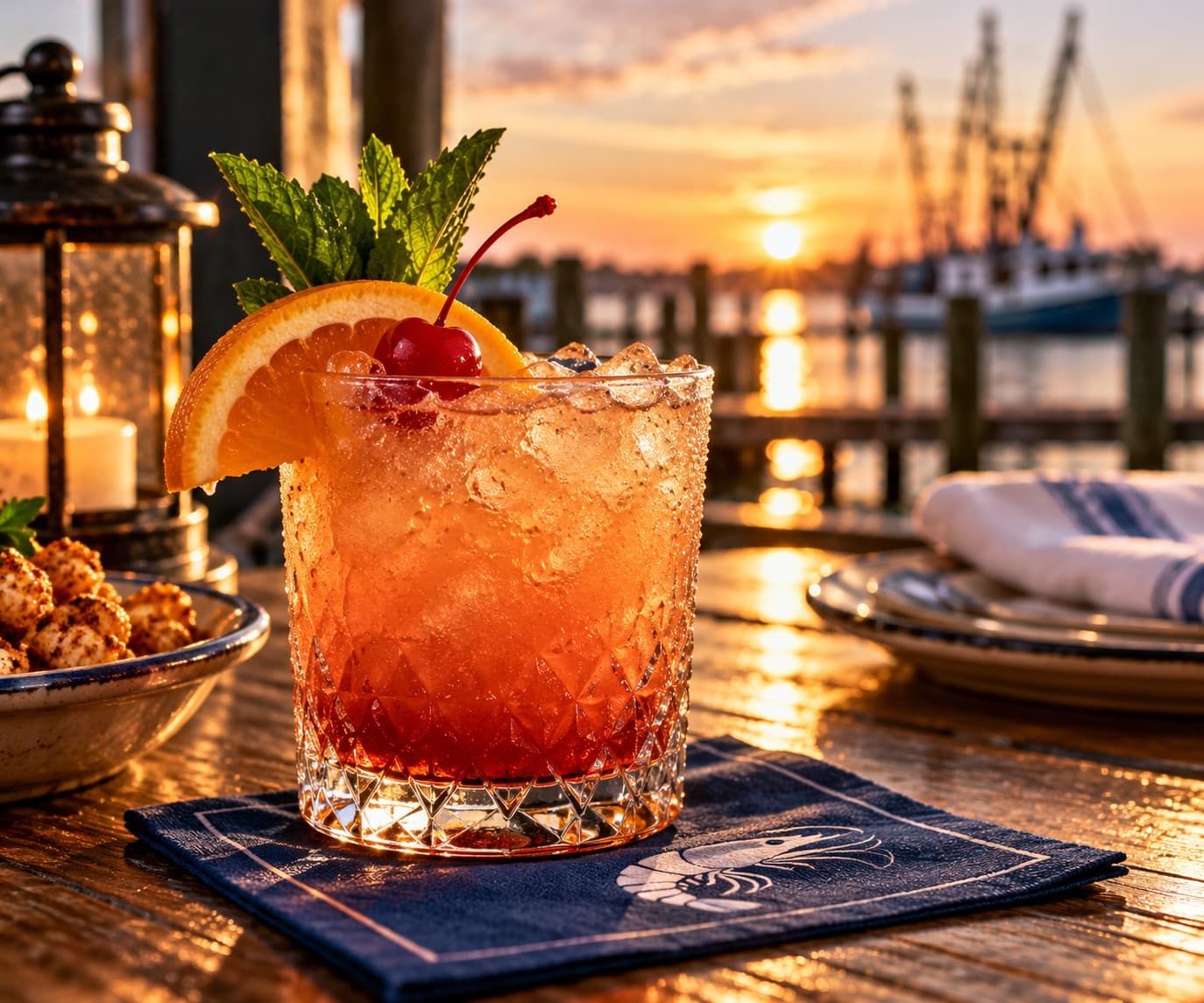Signature Down Da By-Ya cocktail with mint overlooking the Louisiana marina at sunset.
