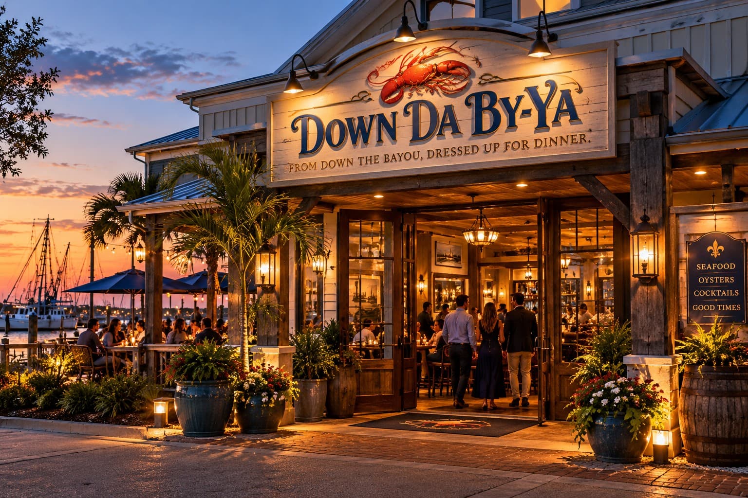 Down Da By-Ya’s entrance at dusk, with its sign, lanterns and diners at the door.